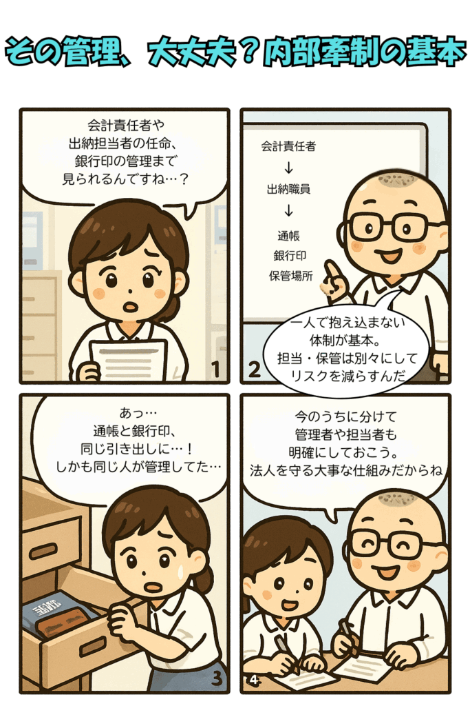 企業主導型保育事業、専門的財務監査の評価基準のうち会計責任者と出納職員の任命についての４コマ漫画