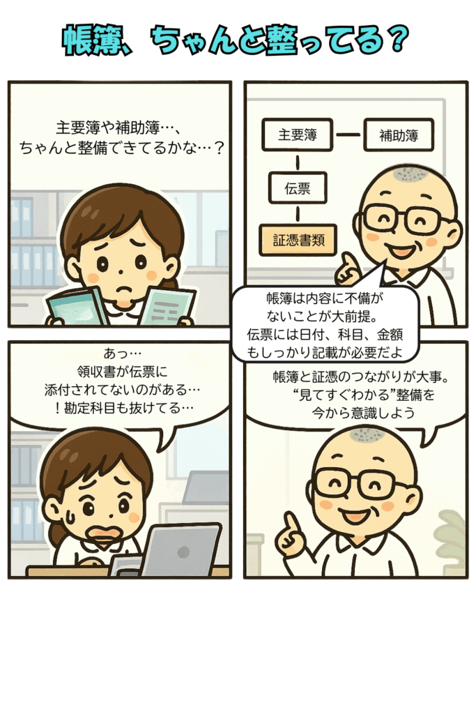 企業主導型保育事業の専門的財務監査の評価基準のうち帳簿を説明する４コマ漫画
