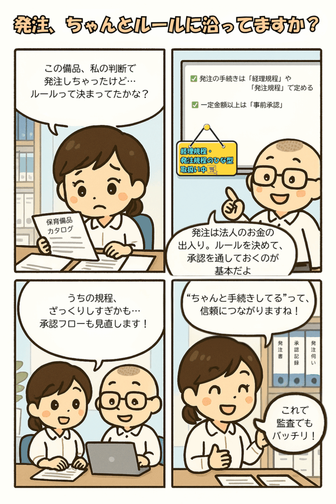 企業主導型保育事業の専門的財務監査の評価基準のうち発注手続きについて説明する４コマ漫画