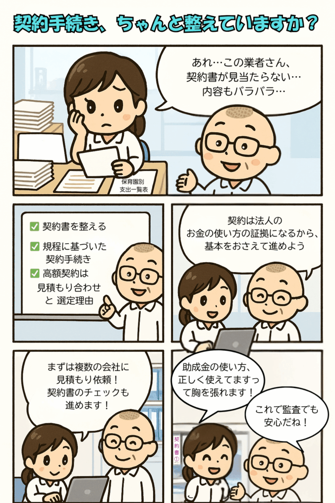 企業主導型保育事業の専門的財務監査の評価基準のうち契約手続きについて説明する４コマ漫画