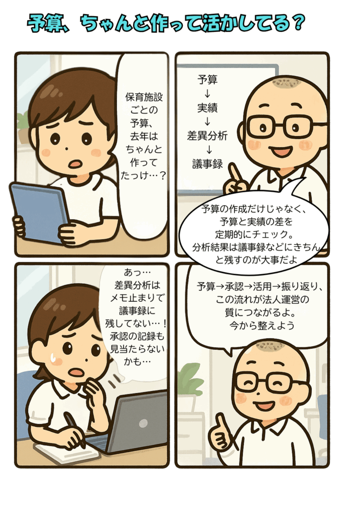 企業主導型保育事業の専門的財務監査の評価基準のうち予算について説明する４コマ漫画