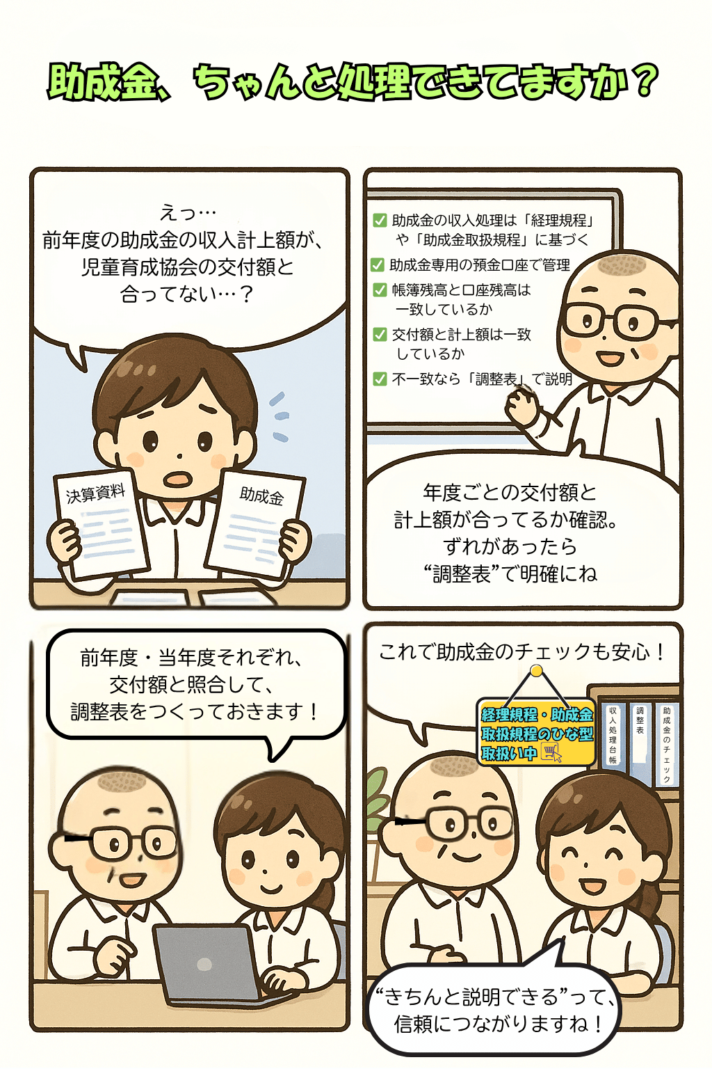 企業主導型保育事業の専門的財務監査の評価基準のうち助成金の調整について説明する４コマ漫画