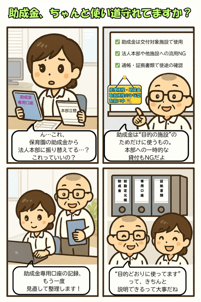 企業主導型保育事業の専門的財務監査の評価基準のうち助成金の流用不可について説明する４コマ漫りゅう画