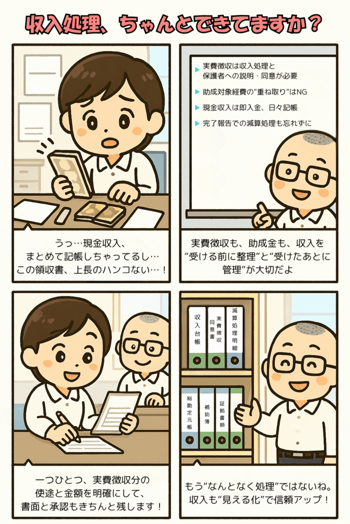 企業主導型保育事業の専門的財務監査の評価基準のうち助成金以外の収入手続きについて説明する４コマ漫画
