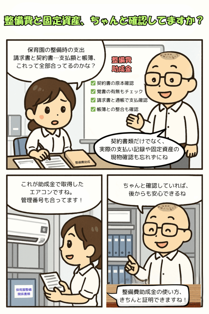 企業主導型保育事業の専門的財務監査の評価基準のうち支出・整備費の手続きについて説明する４コマ漫画