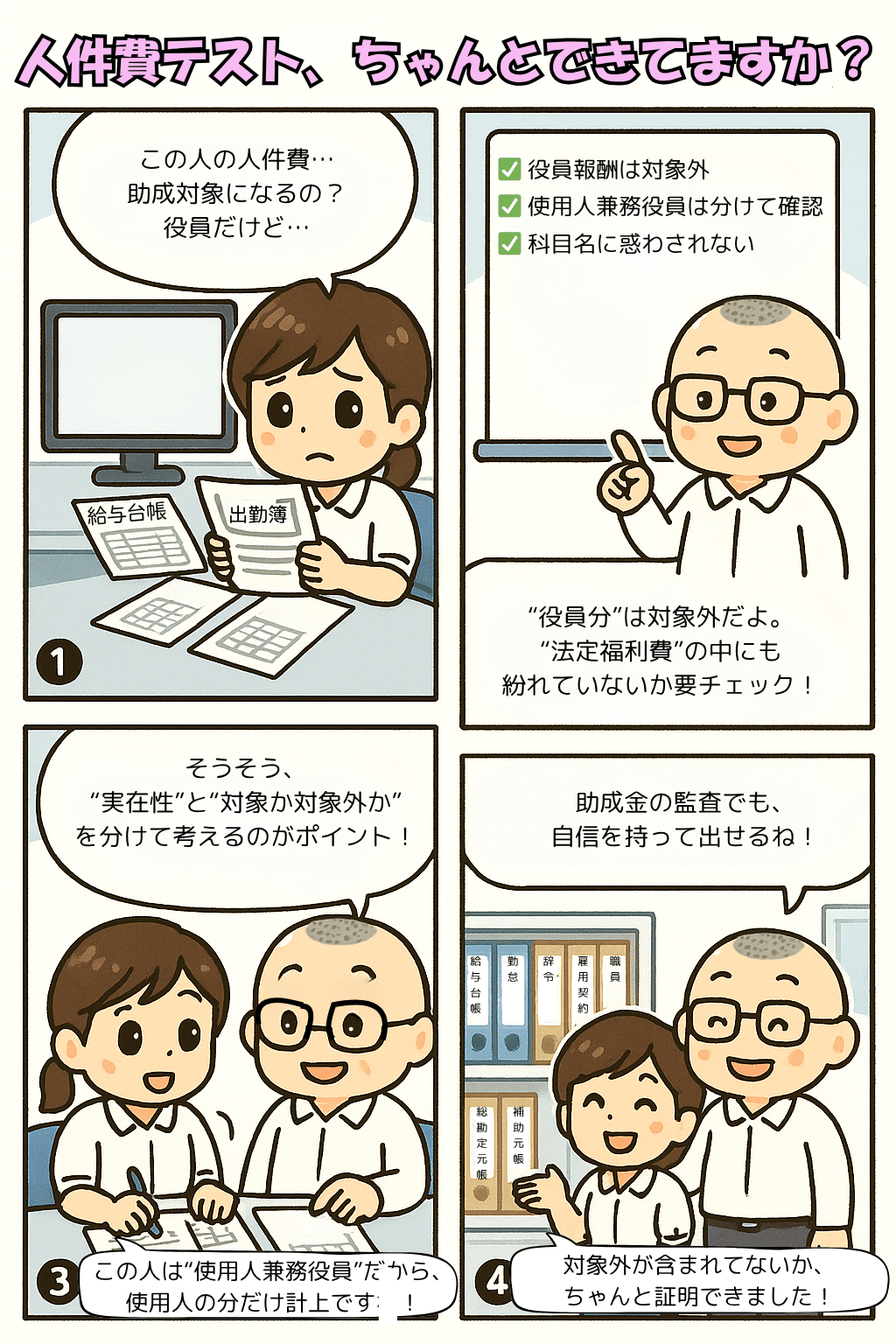 企業主導型保育事業の専門的財務監査の評価基準のうち人件費テストの手続きについて説明する４コマ漫画