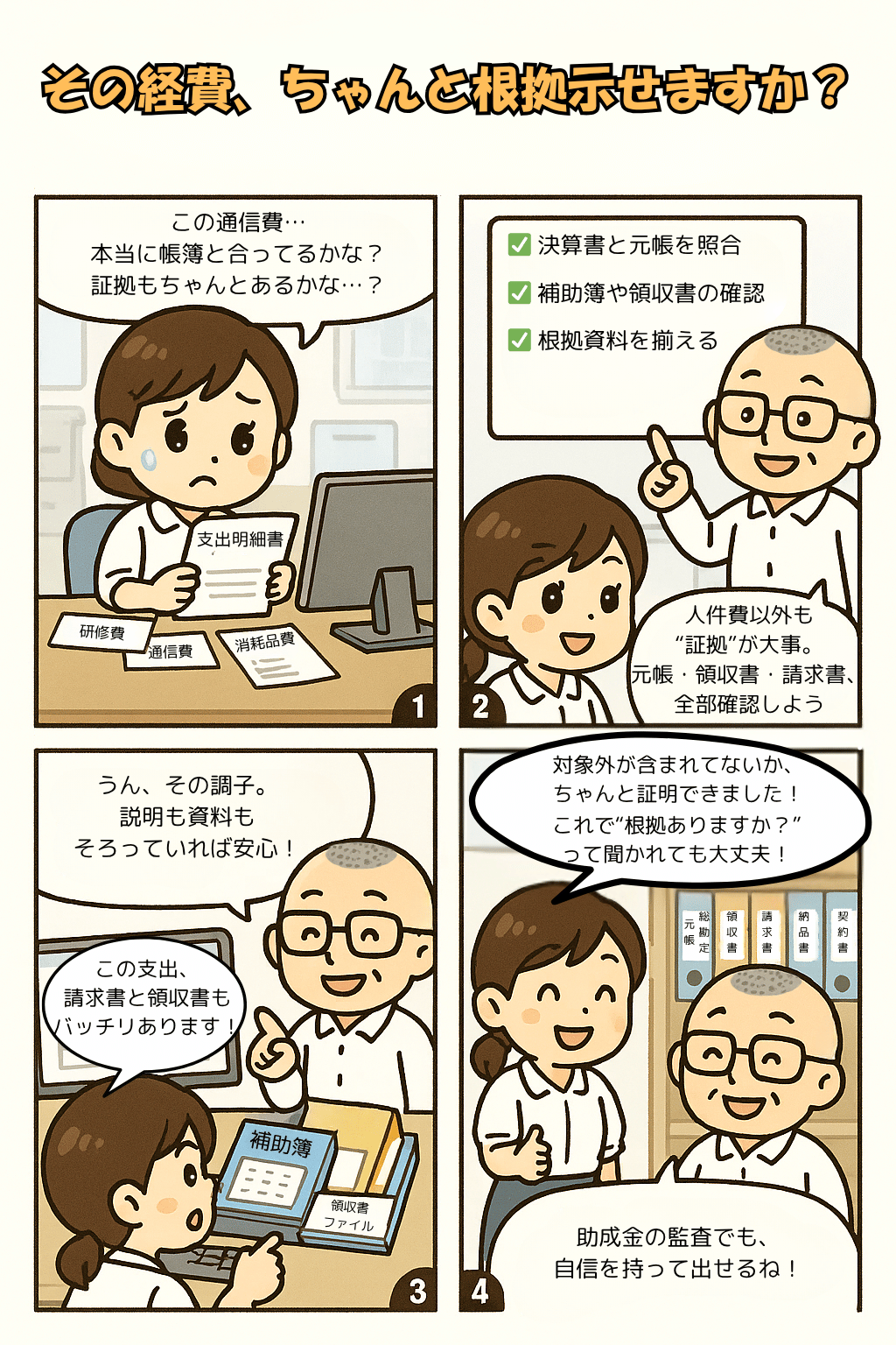 企業主導型保育事業の専門的財務監査の評価基準のうち経費関係の支出手続きについて説明する4コマ漫画