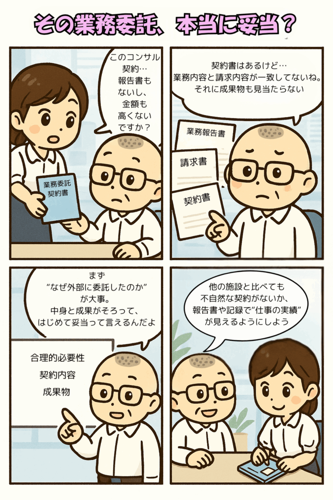 企業主導型保育事業の専門的財務監査の評価基準のうち業務委託の手続きについて説明する４コマ漫画
