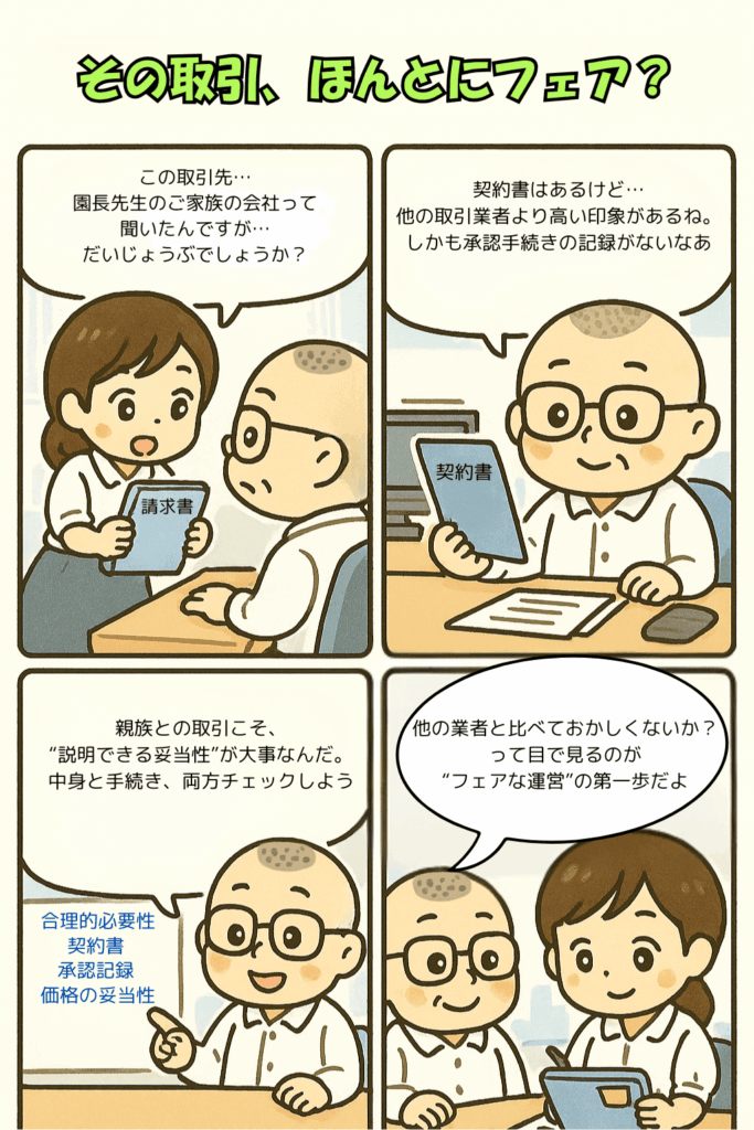 企業主導型保育事業の専門的財務監査の評価基準のうち関連会社との取引について説明する４コマ漫画