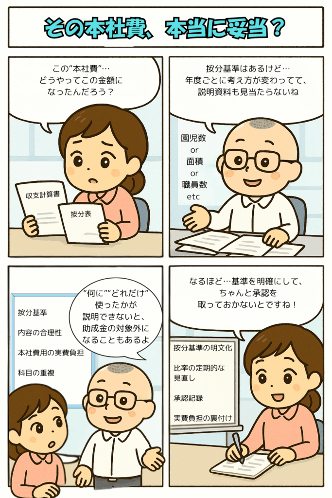 企業主導型保育事業の専門的財務監査の評価基準のうち本社費の按分について説明する４コマ漫画