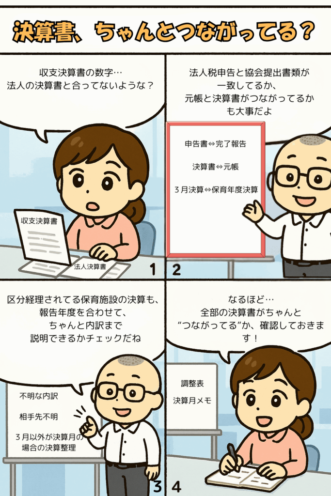 企業主導型保育事業の専門的財務監査の評価基準のうち決算の手続きについて説明する４コマ漫画
