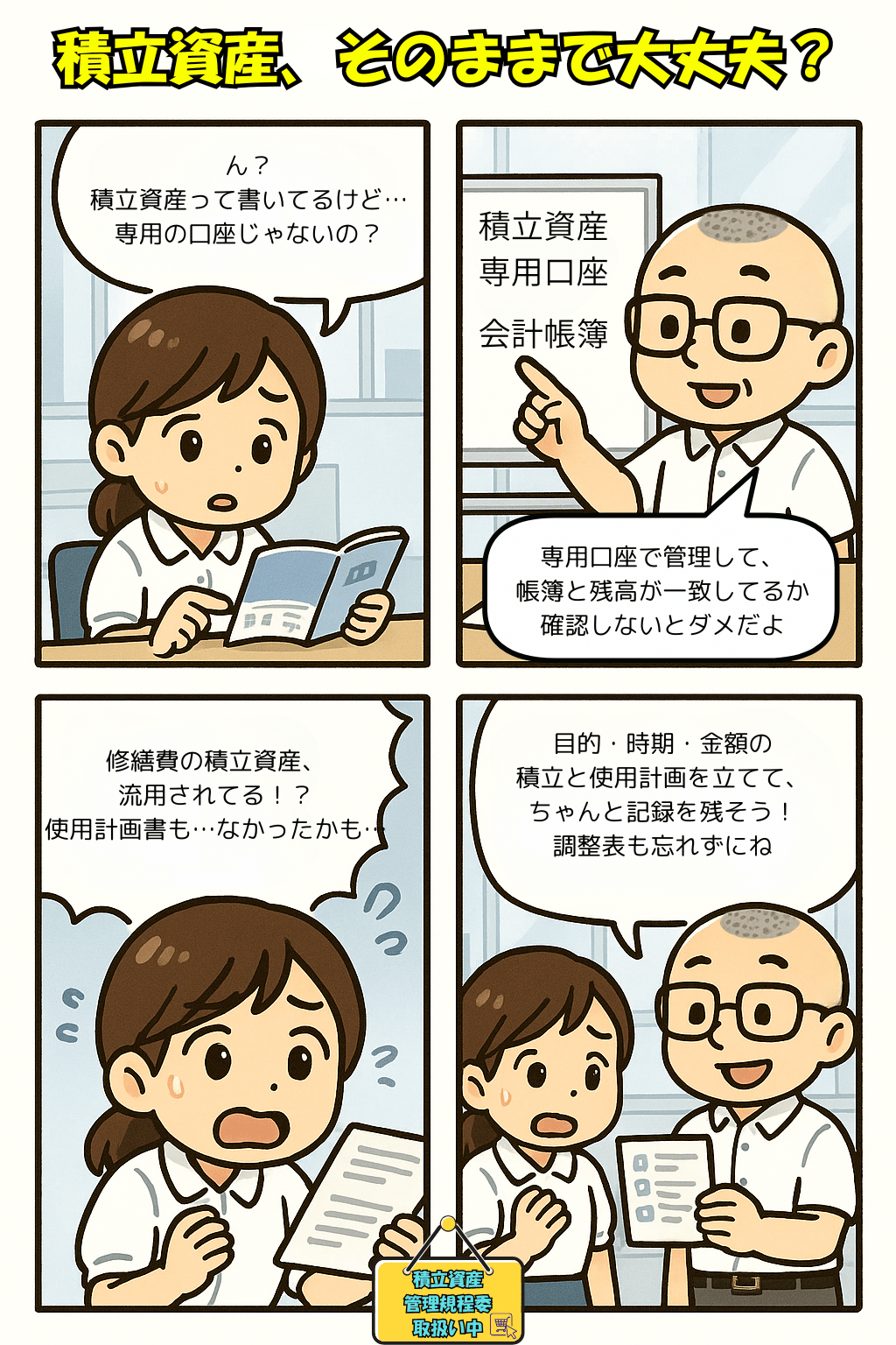 企業主導型保育事業の専門的財務監査の評価基準のうち積立資産の取扱いについて説明する４コマ漫画