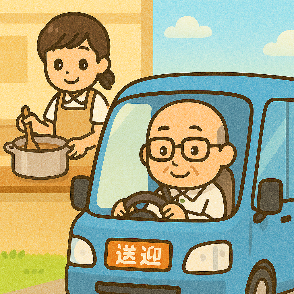 高齢の男性が施設の送迎バスを運転している。女性がエプロンをつけて調理補助しているシーン。