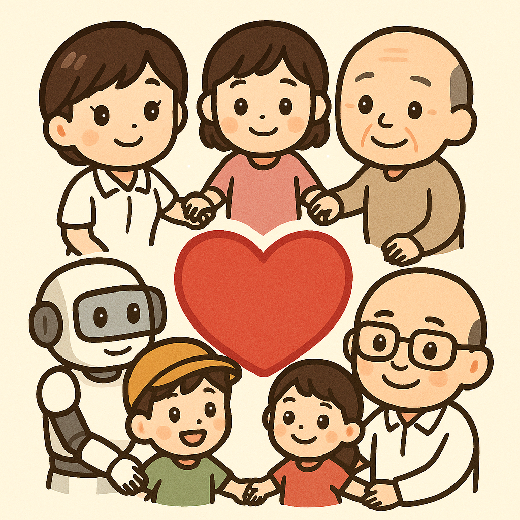 中央に大きなハート、周囲に「ロボット」「地域の人」「シニア」「介護士」が手を取り合って輪になっている構図。