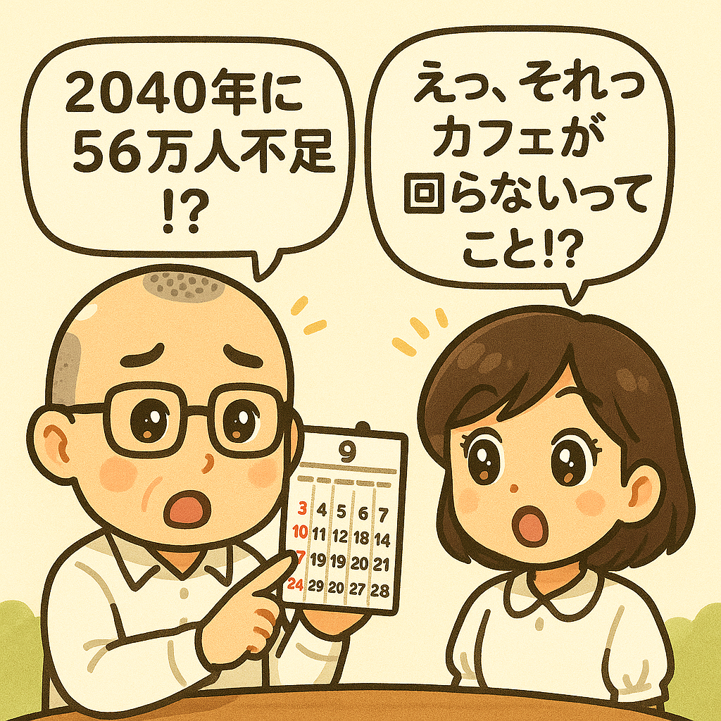 たかしさんが困った表情でカレンダーを指差しながら、「2040年には56万人不足!?」と説明。おとはさんがその横で「えっ、それってカフェが回らないってこと!?」とびっくり。