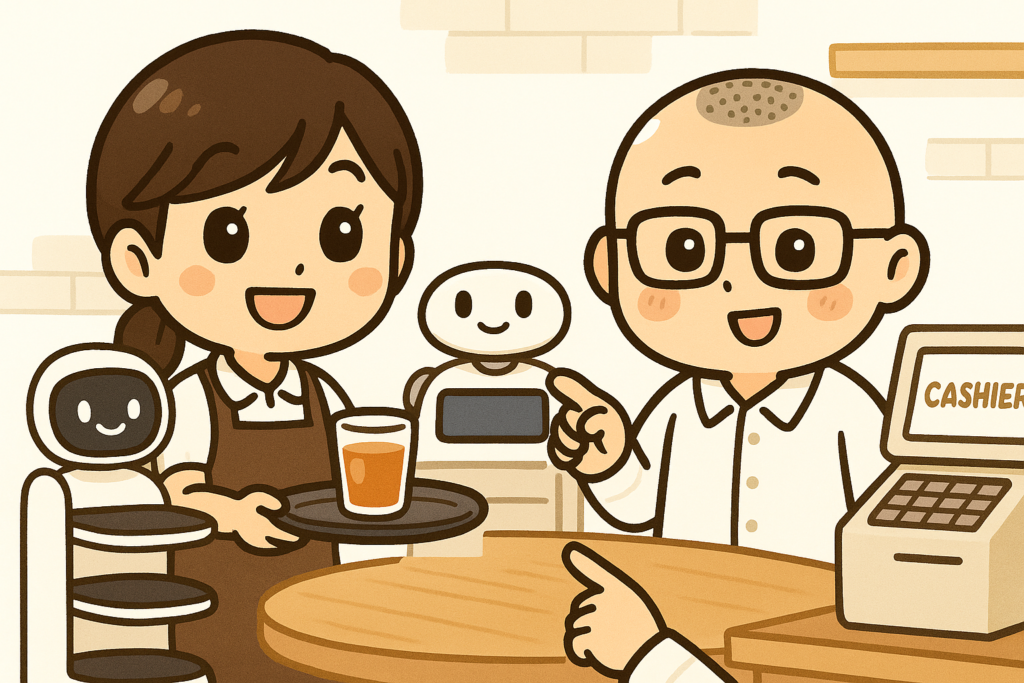 おとはさんが配膳ロボットに飲み物を乗せながらニコニコ。たかしさんはレジ横でセルフ会計機を指して「ここも自動化できるよ」と説明中。