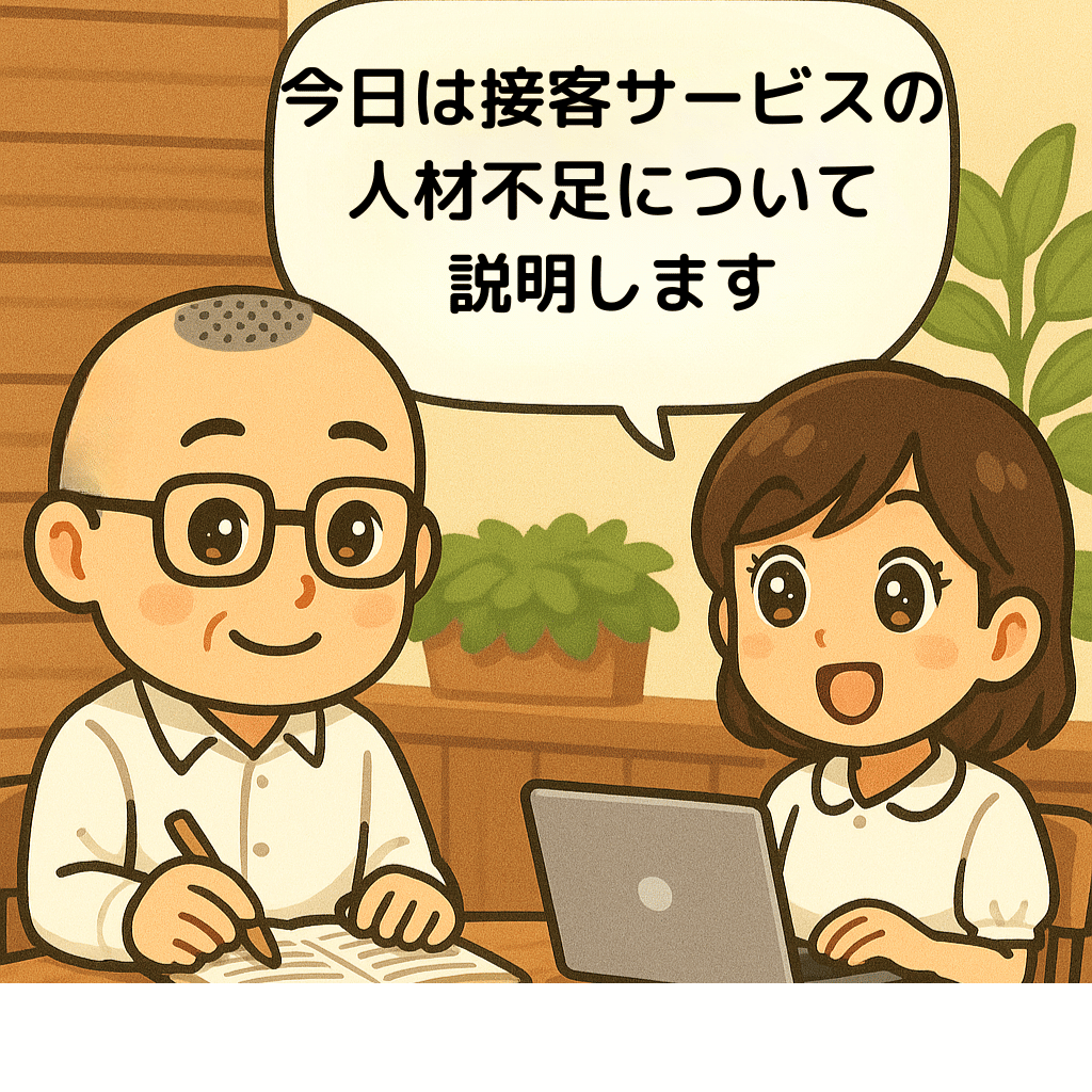 カフェ風のテーブルで、たかしさんが帳簿を広げ、おとはさんがにこやかにノートPCを開いている。吹き出し:「こんにちは!今日は接客業の人手不足をわかりやすく説明します!」