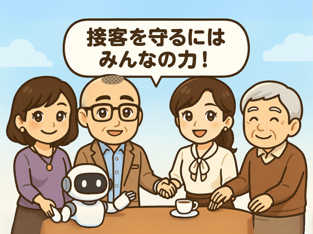 中央に「接客を守るにはみんなの力!」という大きな吹き出し。周りにたかしさん・おとはさん・地域の人・ロボット・シニアが輪になって手を取り合っている構図。