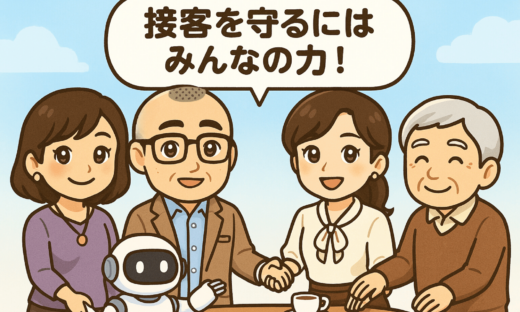 中央に「接客を守るにはみんなの力！」という大きな吹き出し。周りにたかしさん・おとはさん・地域の人・ロボット・シニアが輪になって手を取り合っている構図。