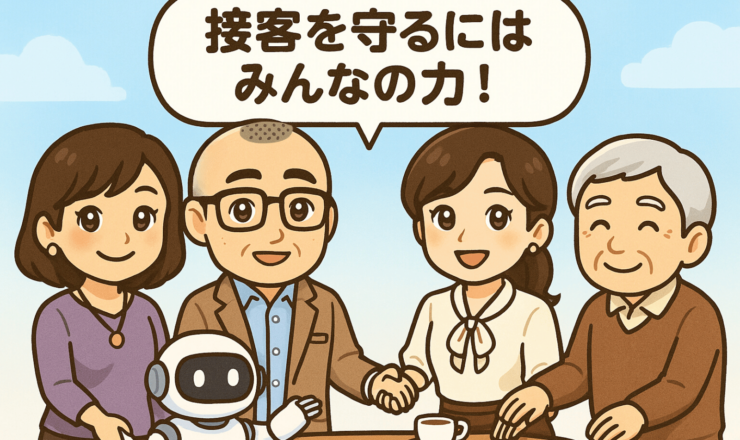 中央に「接客を守るにはみんなの力！」という大きな吹き出し。周りにたかしさん・おとはさん・地域の人・ロボット・シニアが輪になって手を取り合っている構図。