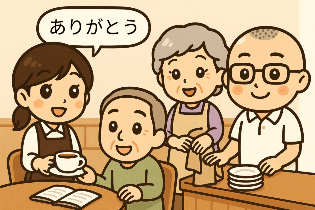 おとはさんがコーヒーカップを渡すシニア男性に「ありがとうございます」と微笑み、たかしさんがシニア女性と一緒に食器を並べている。