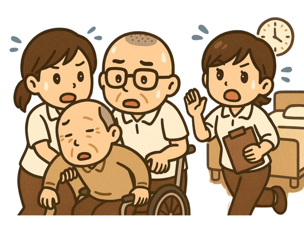 「4人でやるべき仕事を3人でやっている介護現場」のイメージ。1人が倒れそうなぐらい忙しそうにしていて、他の2人も慌てている様子。