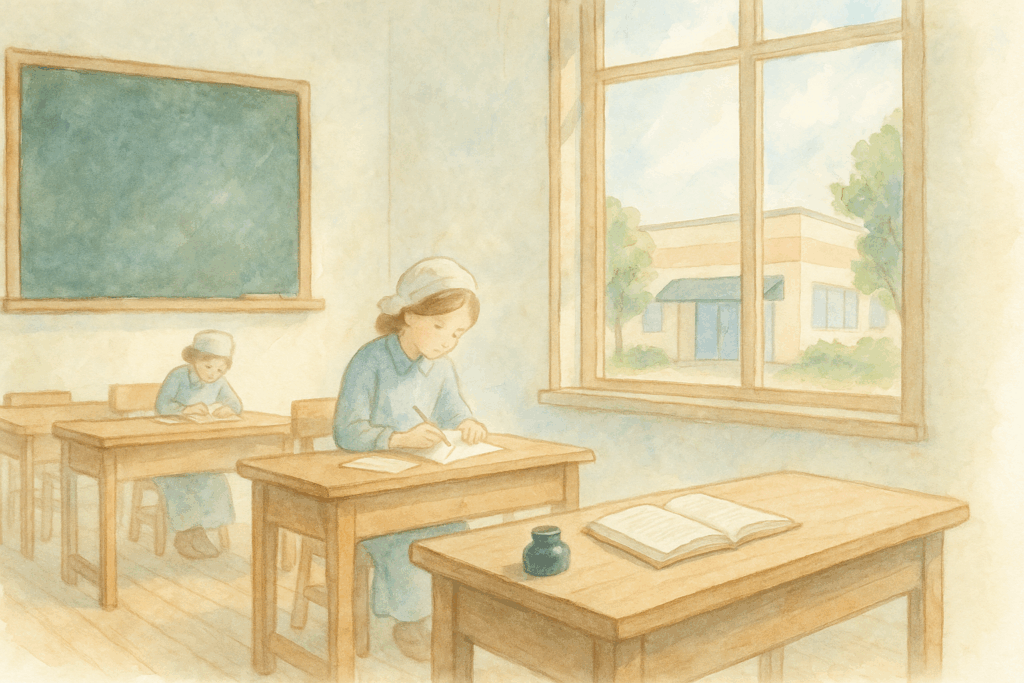 就労継続支援B型の制度の歴史を象徴する水彩イラスト。昔の木製机で作業する様子と、窓の外に見える現代的な施設が対比されている。