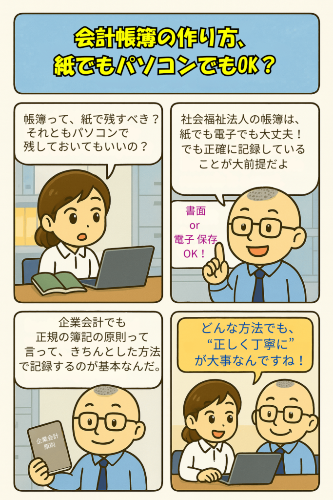 社会福祉法人の帳簿、紙でもパソコンでもOK？について説明する漫画　マツオカ会計事務所