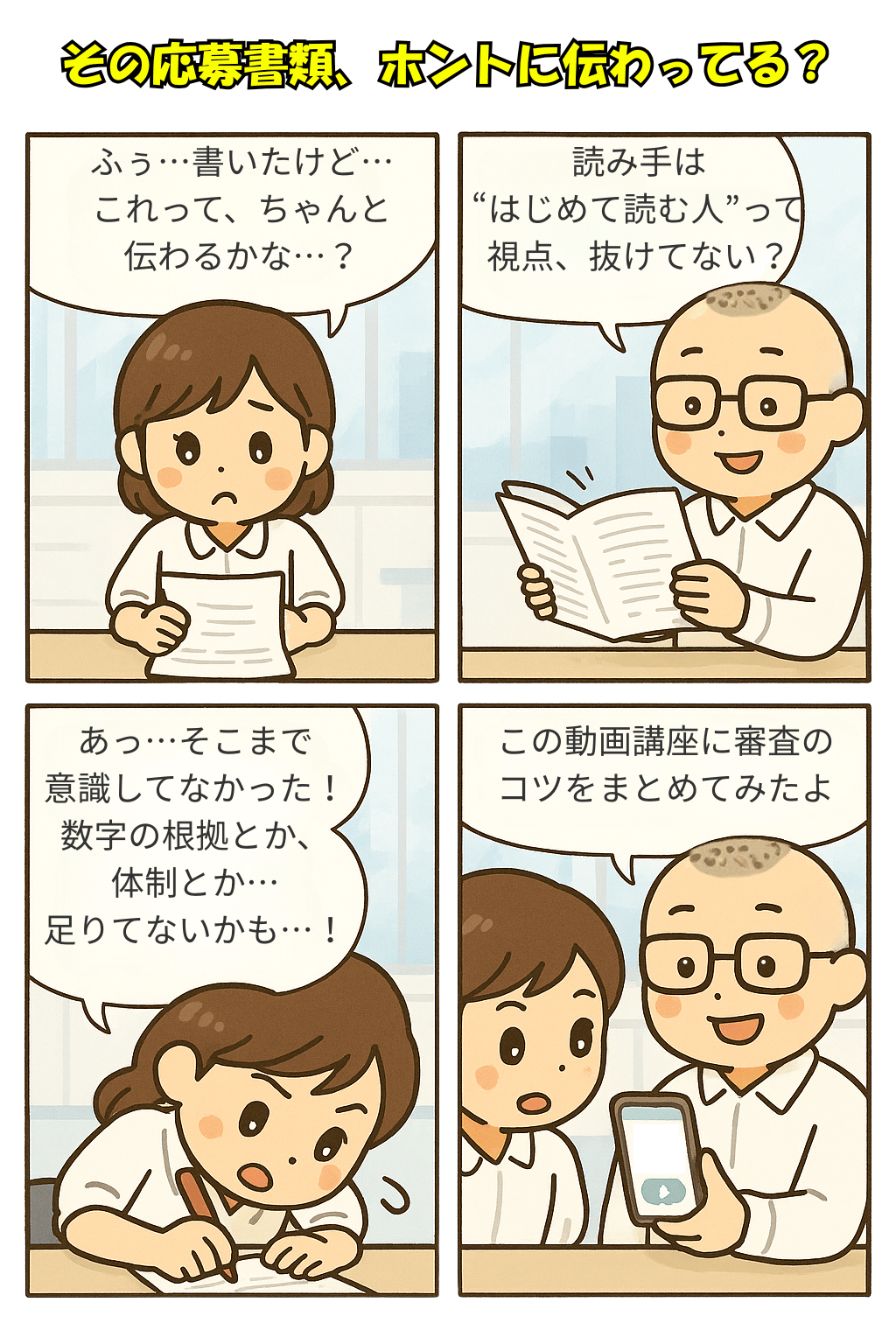 オフィスでの場面。若い女性（おとはさん）が補助金の応募書類を書き終えて不安そうにしていると、年配の男性（たかしさん）が現れ、読み手の視点や構成についてアドバイスをする。おとはさんは気づきを得て赤ペンで修正を始め、たかしさんが「審査のコツがわかりやすく学べる動画講座」をスマホで紹介する、というストーリーの4コマ漫画。柔らかい色調と温かい雰囲気のイラスト。
