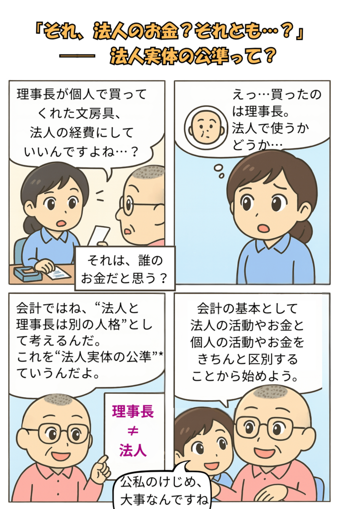 社会福祉法人の職員おとはさんが、「法人と理事長って、ほぼ同じでは？」と疑問を口にする。たかしさんが「それが違うんだよ」と帳簿を見せながら、「法人と個人は、別の存在」と解説。続くコマでおとはさんが驚きつつも「じゃあ、理事長のポケットマネーも区別するんですね？」と質問。最後のコマでは、ホワイトボードに「法人実体の公準」と書かれ、たかしさんが「法人は、独立した存在。その視点で会計を整理するのが基本だよ」と説明し、おとはさんが納得した表情で頷く様子。