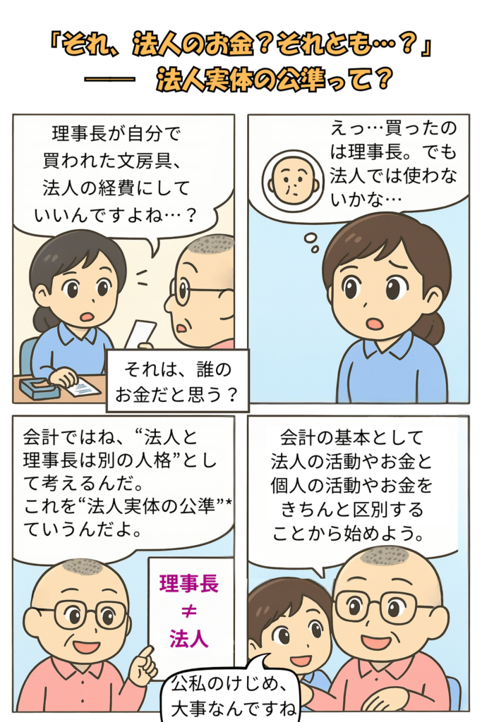 社会福祉法人の職員おとはさんが、「法人と理事長って、ほぼ同じでは？」と疑問を口にする。たかしさんが「それが違うんだよ」と帳簿を見せながら、「法人と個人は、別の存在」と解説。続くコマでおとはさんが驚きつつも「じゃあ、理事長のポケットマネーも区別するんですね？」と質問。最後のコマでは、ホワイトボードに「法人実体の公準」と書かれ、たかしさんが「法人は、独立した存在。その視点で会計を整理するのが基本だよ」と説明し、おとはさんが納得した表情で頷く様子。