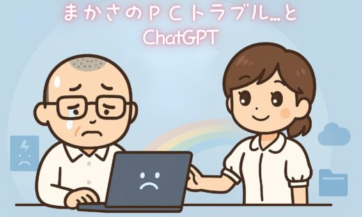 たかしさんとおとはさんが青い画面の前で困りながらも協力し、PCトラブルから復旧したイメージ