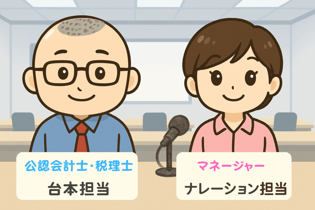 「会議室を背景に、有料動画で社会福祉法人会計を解説する台本担当の公認会計士・税理士たかしと、ナレーション担当のおとはが並んで立つイラスト」