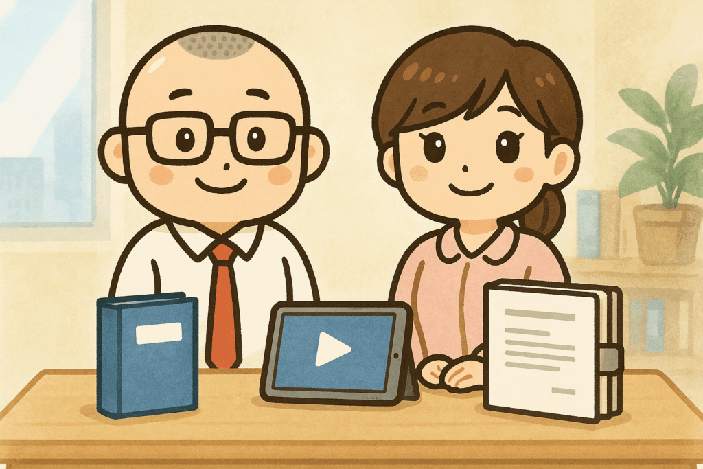 社会福祉法人向け 書籍・動画・規程まとめ|オフィス風の机に本・タブレット・規程ファイルを並べ、たかしさんとおとはさんが案内する水彩風イラスト