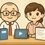 社会福祉法人向け 書籍・動画・規程まとめ｜オフィス風の机に本・タブレット・規程ファイルを並べ、たかしさんとおとはさんが案内する水彩風イラスト