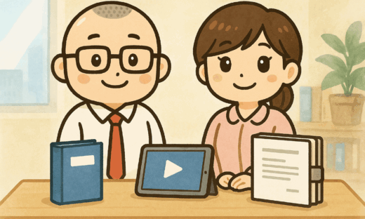 社会福祉法人向け 書籍・動画・規程まとめ｜オフィス風の机に本・タブレット・規程ファイルを並べ、たかしさんとおとはさんが案内する水彩風イラスト