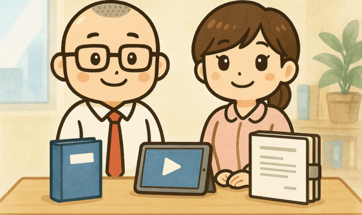 社会福祉法人向け 書籍・動画・規程まとめ｜オフィス風の机に本・タブレット・規程ファイルを並べ、たかしさんとおとはさんが案内する水彩風イラスト